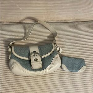 Coach White and Blue Shoulder Bag with Silver Buckle Soho.  Coin Purse included